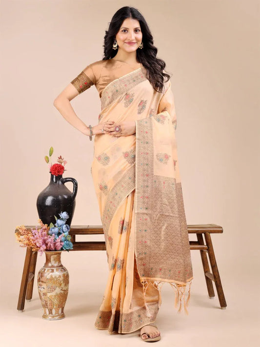 Peach Cotton Saree With Blouse Piece - EZBER