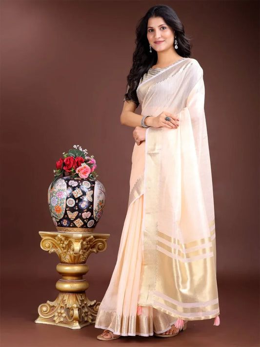 Peach Cotton Saree With Blouse Piece - EZBER