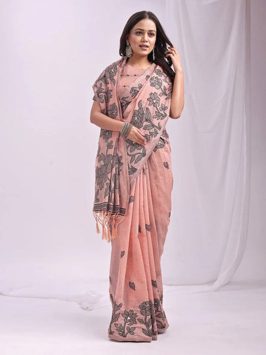 Peach Linen Cotton Saree With Blouse Piece - EZBER