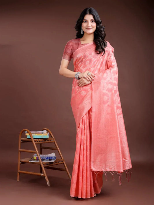 Peach Linen Cotton Saree With Blouse Piece - EZBER