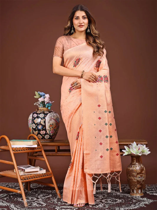 Peach Linen Cotton Saree With Blouse Piece - EZBER