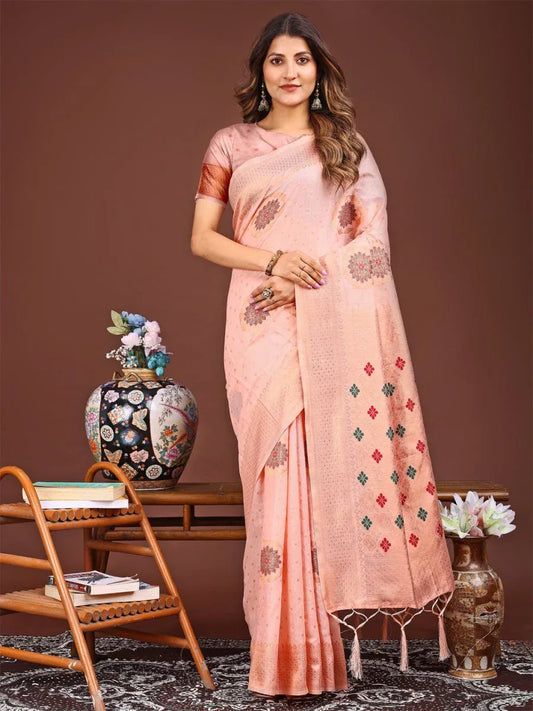 Peach Linen Cotton Saree With Blouse Piece - EZBER