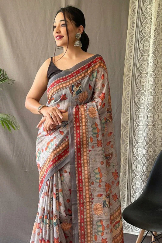 Pearl River Grey Kalamkari Saree - EZBER