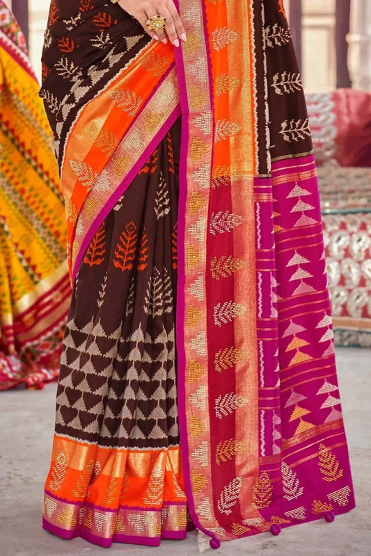 Brown Banarasi silk Saree with Blouse Piece | EZBER