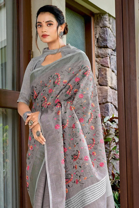 Pewter Grey Linen Blend Saree - EZBER