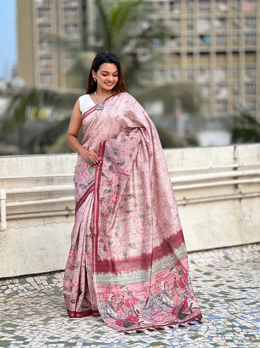 Pink Digital Printed Silk Saree With Blouse Piece - EZBER