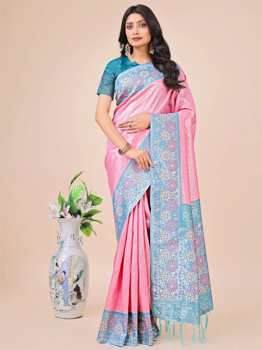 Pink Lichi Silk Saree With Blouse Piece - EZBER