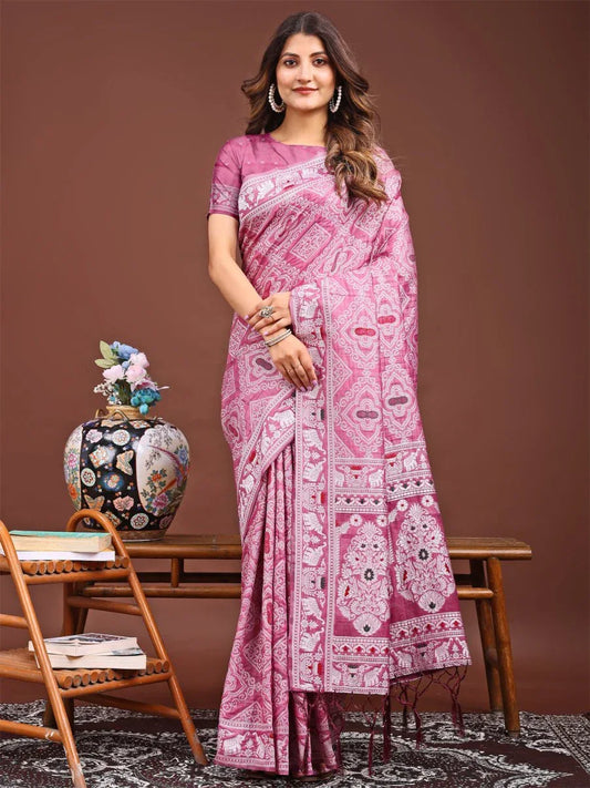 Pink Linen Cotton Saree With Blouse Piece - EZBER