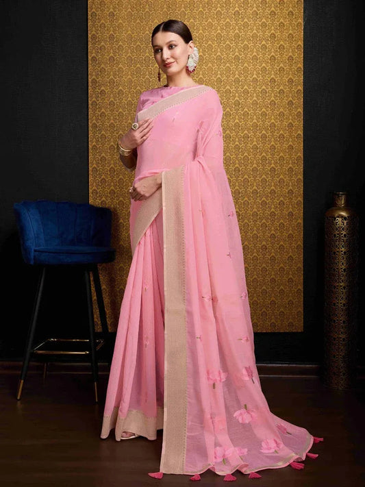 Pink Linen Cotton Saree with Blouse Piece | EZBER