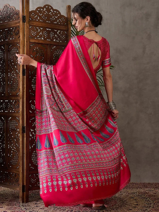 Pink Semi Modal Saree With Blouse Piece - EZBER