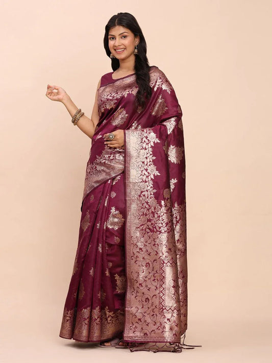 Purple Banarasi silk Saree With Blouse Piece - EZBER