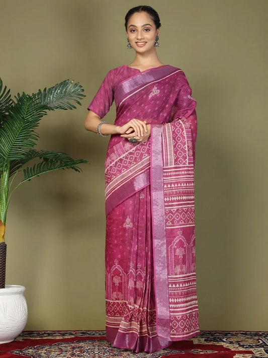 Purple Cotton Saree With Blouse Piece - EZBER