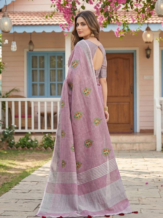 Purple Linen Stripe N Floral Saree | EZB SI04 SRAMY24004 - EZBER