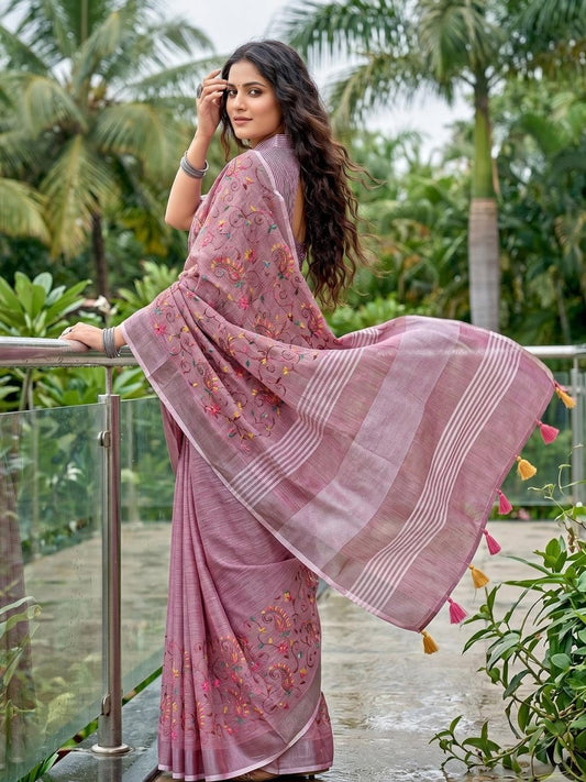 Purple Linen Stripe N Floral Saree | EZB SI04 SRKSS1005 - EZBER