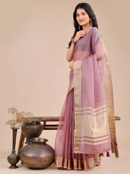 Purple Organza Saree With Blouse Piece - EZBER