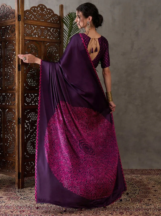Purple Semi Modal Saree With Blouse Piece - EZBER