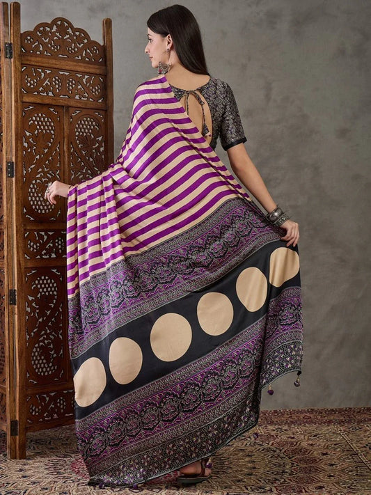 Purple Semi Modal Saree With Blouse Piece - EZBER
