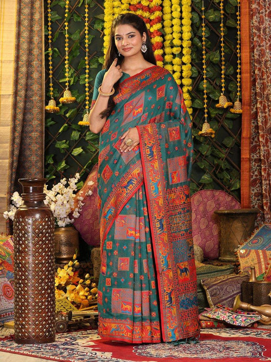 Rama Green Linen Cotton Saree With Blouse Piece - EZBER