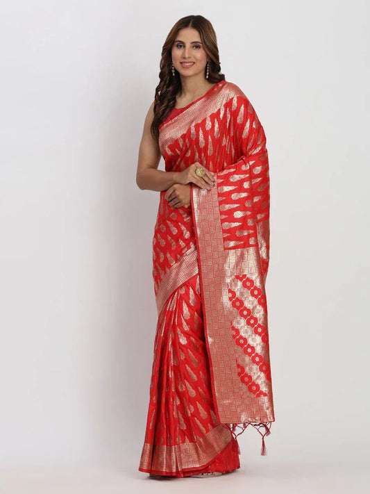 Red Banarasi Silk Saree With Blouse Piece - EZBER
