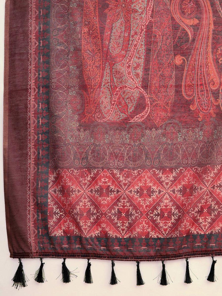 Red Linen Blend Saree With Blouse Piece - EZBER