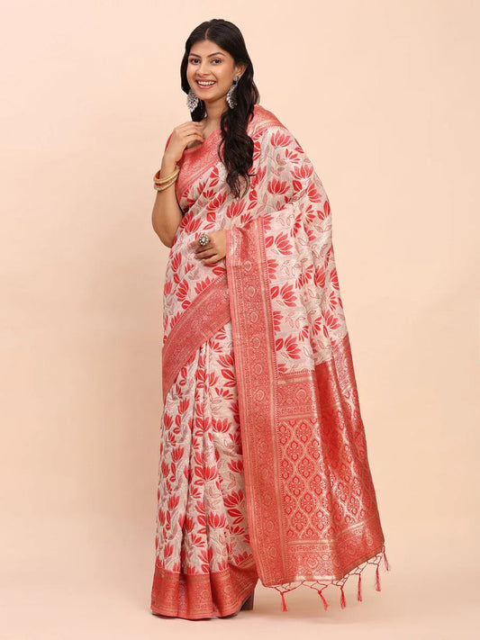 Red Linen Cotton Saree With Blouse Piece - EZBER