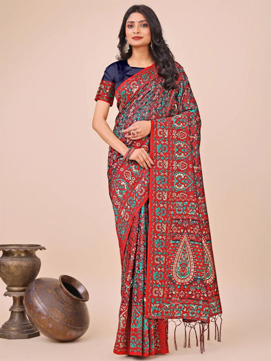 Red Pashmina Cotton Saree With Blouse Piece - EZBER