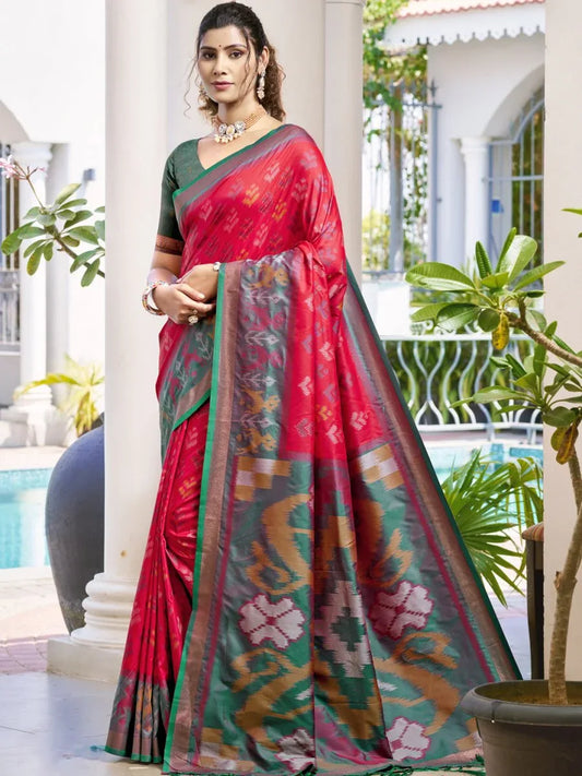 Red POORVIKA SILK VOL 1 Pochampalli Silk Saree with Blouse Piece - EZBER
