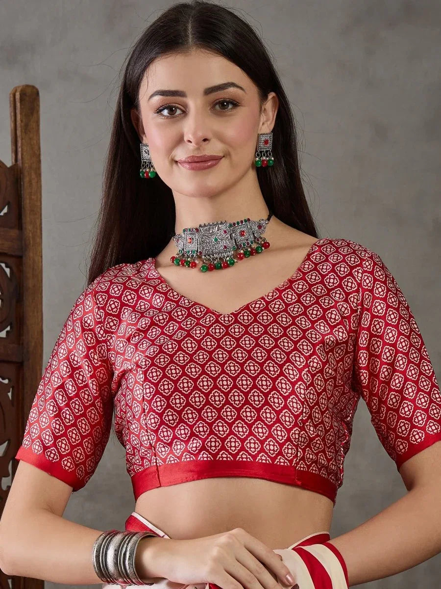 Red Semi Modal Saree With Blouse Piece - EZBER