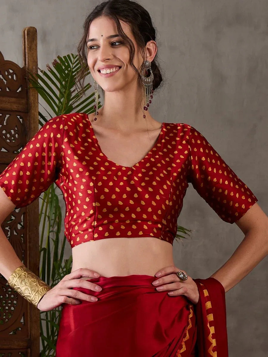 Red Semi Modal Saree With Blouse Piece - EZBER