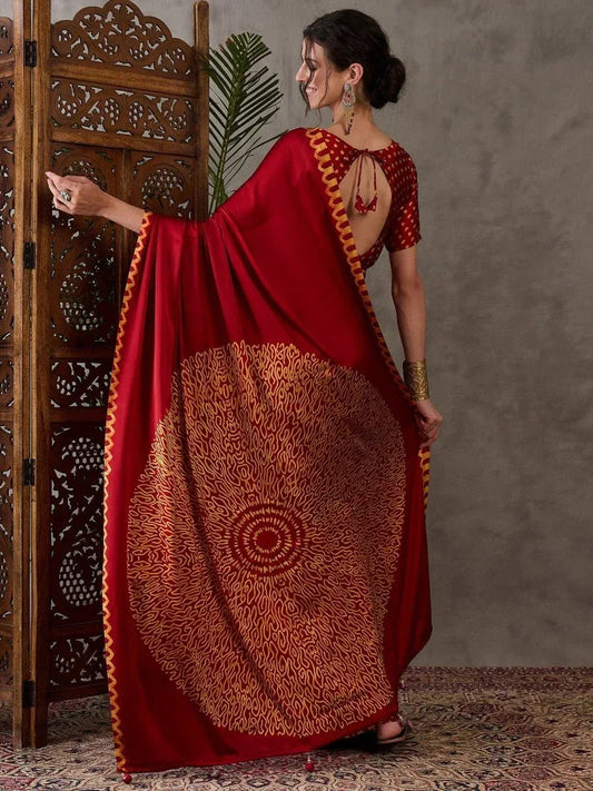 Red Semi Modal Saree with Blouse Piece | EZBER