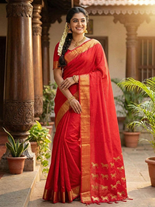 Red Silk Blend Handloom Saree | EZB SI04 SURJA1008 - EZBER