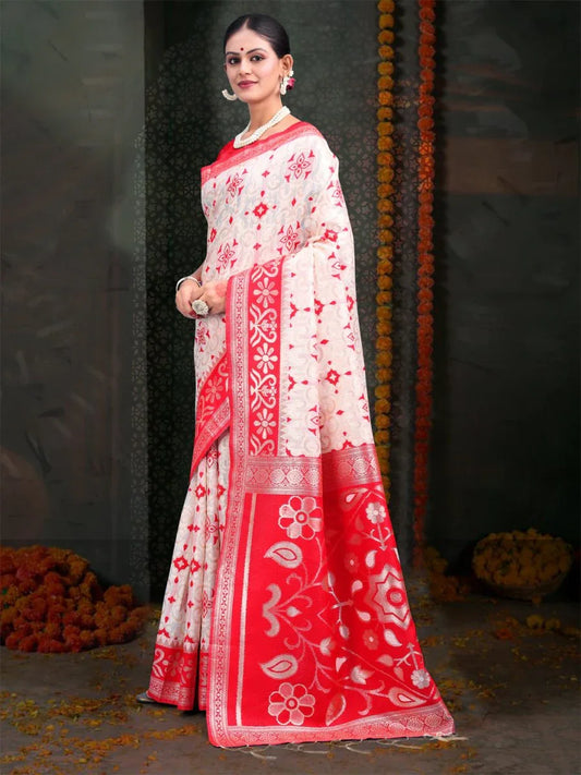 Red & White Linen Cotton Saree With Blouse Piece - EZBER