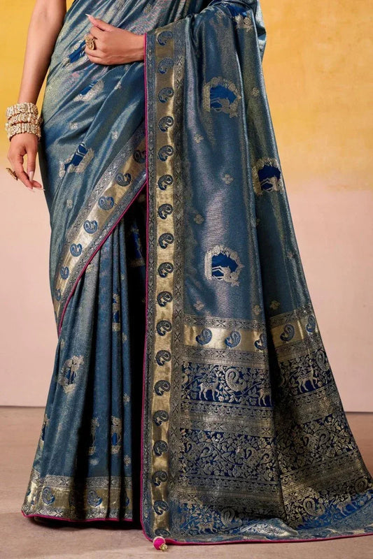 Blue Satin Tissue Saree with Blouse Piece | EZBER