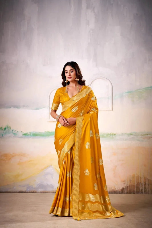 Satin Tissue Woven Design Jacquard Work Handloom Saree With Blouse Piece - EZBER