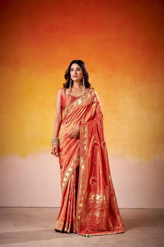 Orange Satin Tissue Saree with Blouse Piece | EZBER