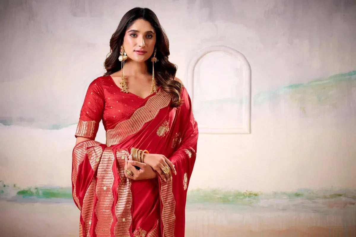 Red Satin Tissue Saree with Blouse Piece | EZBER