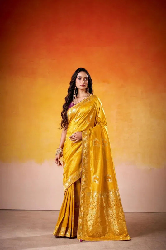 Yellow Satin Tissue Saree with Blouse Piece | EZBER