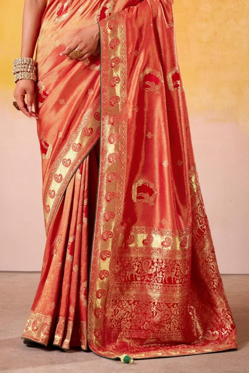 Satin Tissue Woven Design Jacquard Work Handloom Saree With Blouse Piece - EZBER