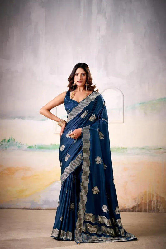 Blue Satin Tissue Saree with Blouse Piece | EZBER