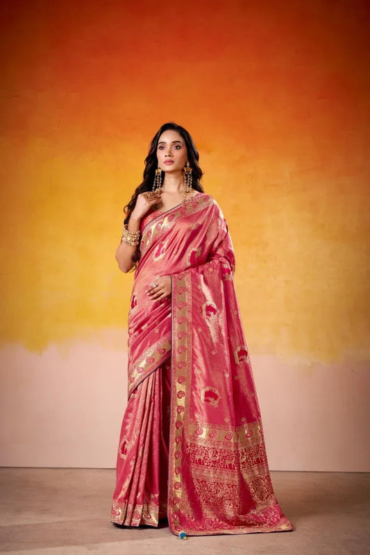 Satin Tissue Woven Design Jacquard Work Handloom Saree With Blouse Piece - EZBER