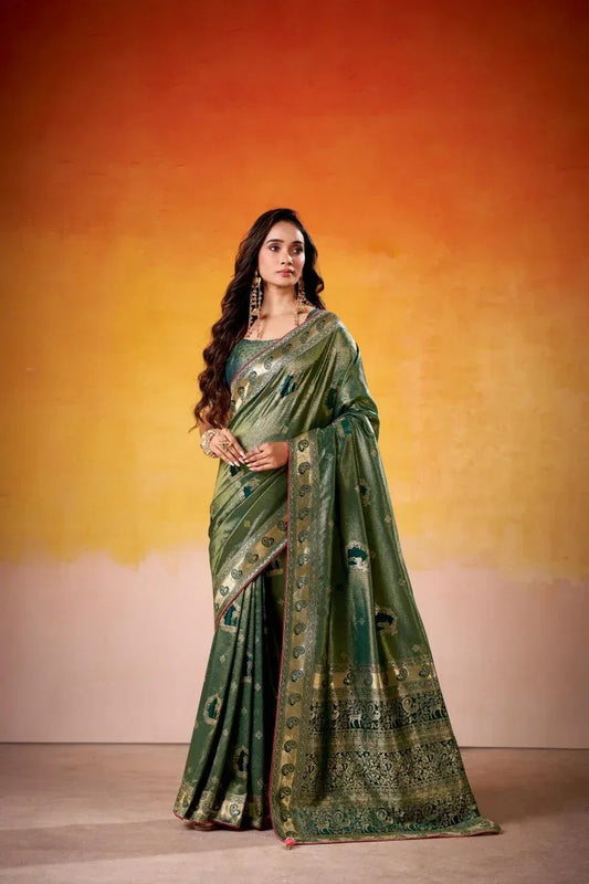 Green Satin Tissue Saree with Blouse Piece | EZBER