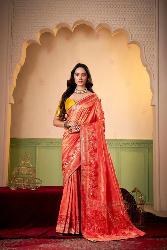 Satin Tissue Woven Design Jacquard Work Saree With Blouse Piece - EZBER