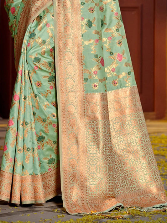 Sea Green Banarasi silk Saree With Blouse Piece - EZBER