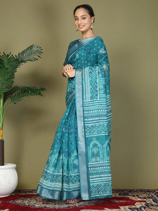 Sea Green Cotton Saree With Blouse Piece - EZBER