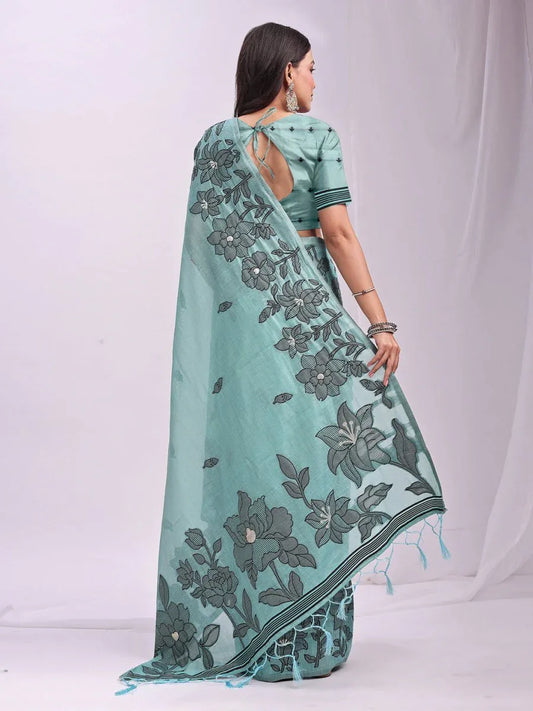 Sea Green Linen Cotton Saree With Blouse Piece - EZBER