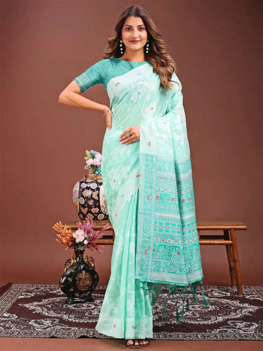 Sea Green Linen Cotton Saree With Blouse Piece - EZBER