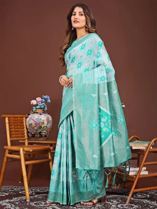 Sea Green Linen Cotton Saree With Blouse Piece - EZBER