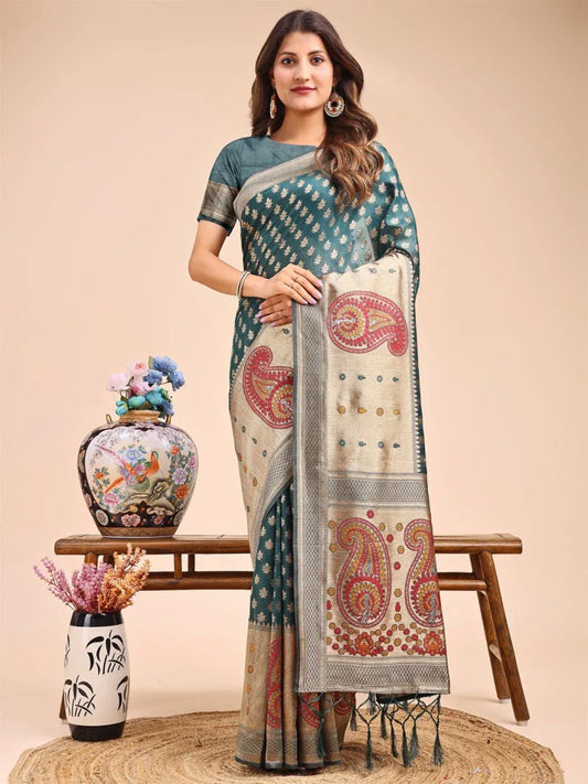 Sea Green Linen Cotton Saree With Blouse Piece - EZBER