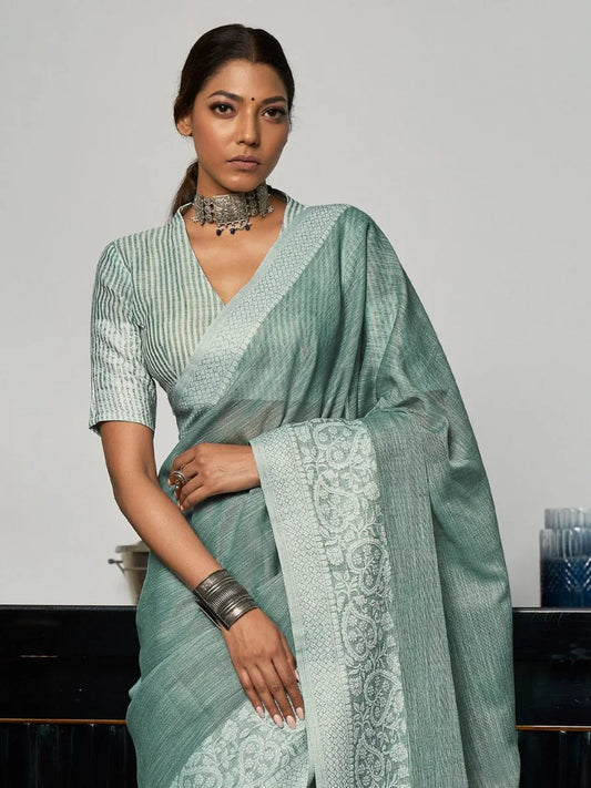 Sea Green Linen Saree With Blouse Piece - EZBER
