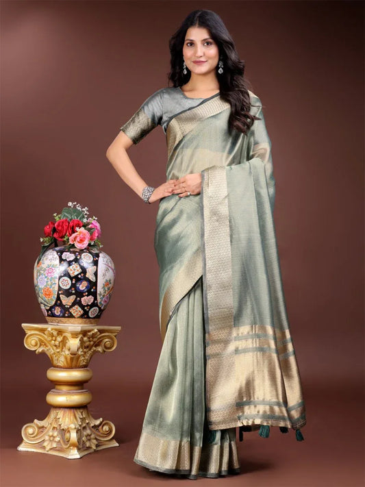 Sea Green Organza Saree With Blouse Piece - EZBER